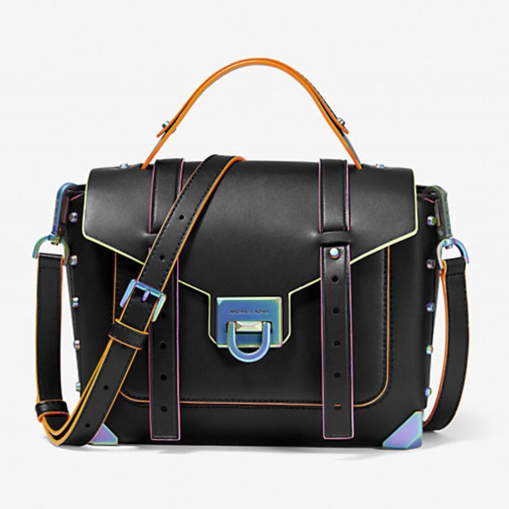 NWT Michael Kors Manhattan Medium Contrast-Trim Leather Satchel BLACK - Picture 2 of 3